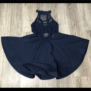 Navy mini sleeveless dress with crocheted bodice